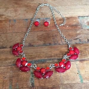 Silver Red Bead Necklace & Earrings Set